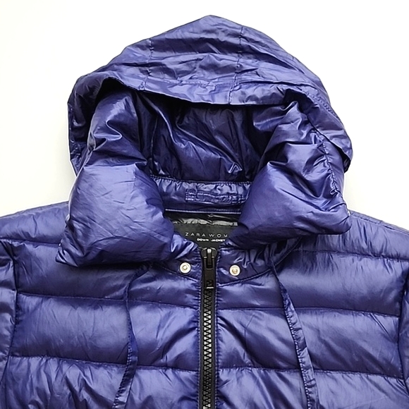 Zara Woman Down Puffer Jacket Electric Purple Roll Up Hood Size Large - Picture 8 of 16